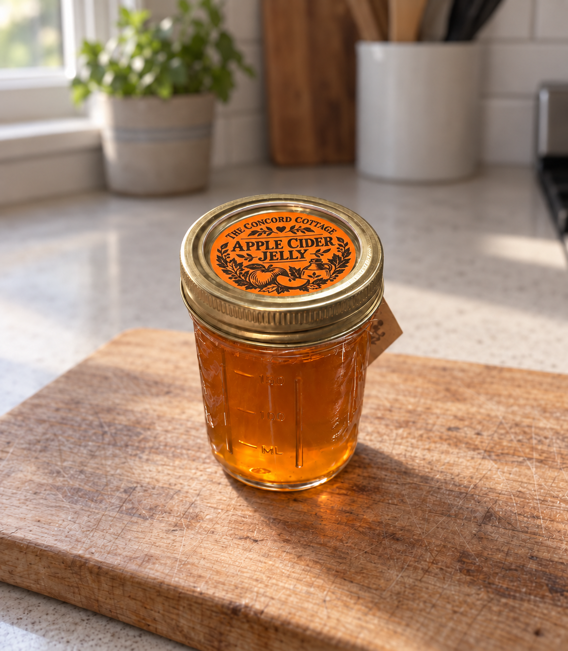 Apple cider jelly jar with an orange lid label on a kitchen cutting board